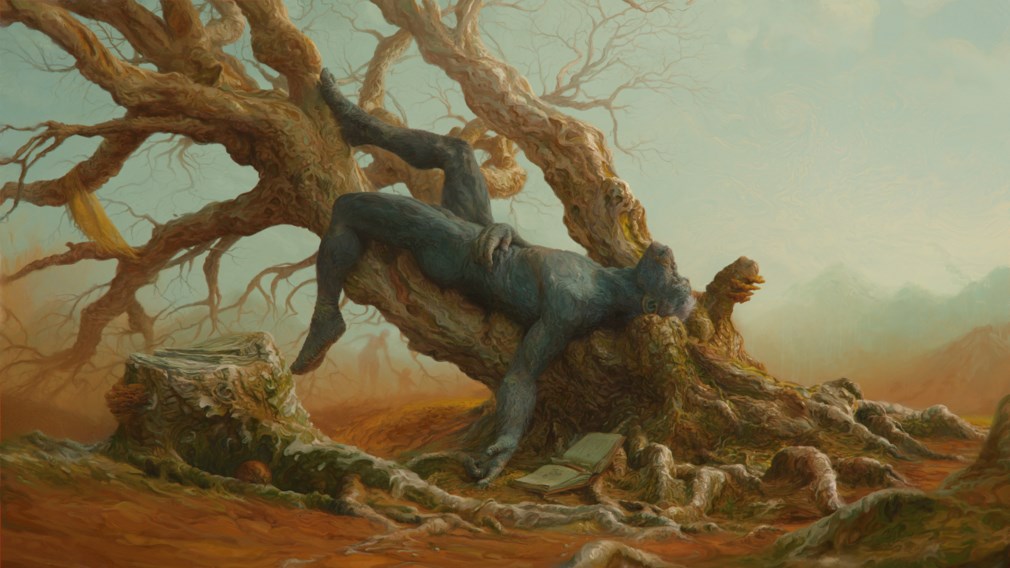 VII. Wormfood, a dark gray figure sprawled across a gnarled, leafless tree above an open book