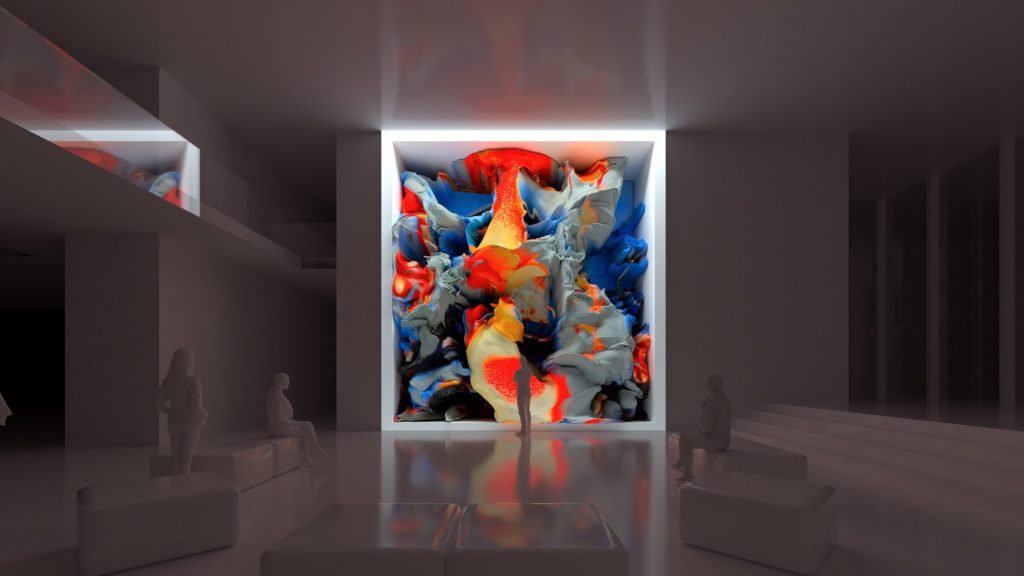 A rendering of Unsupervised in MoMA's lobby: swirling red, blue and white forms on a large screen